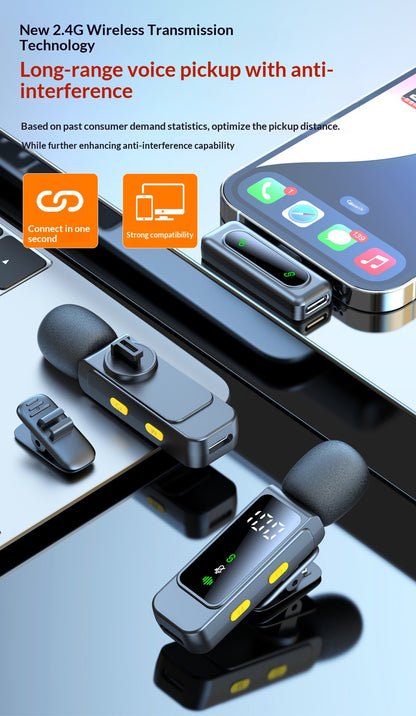 ✨  2-in-1 Dual Wireless Lavalier Microphone, One Key Noise Canceling 2.4G Plug & Play Lapel Mic with LED Display & Pass-Through Charging for Vlog Live Streaming Interview Podcast
