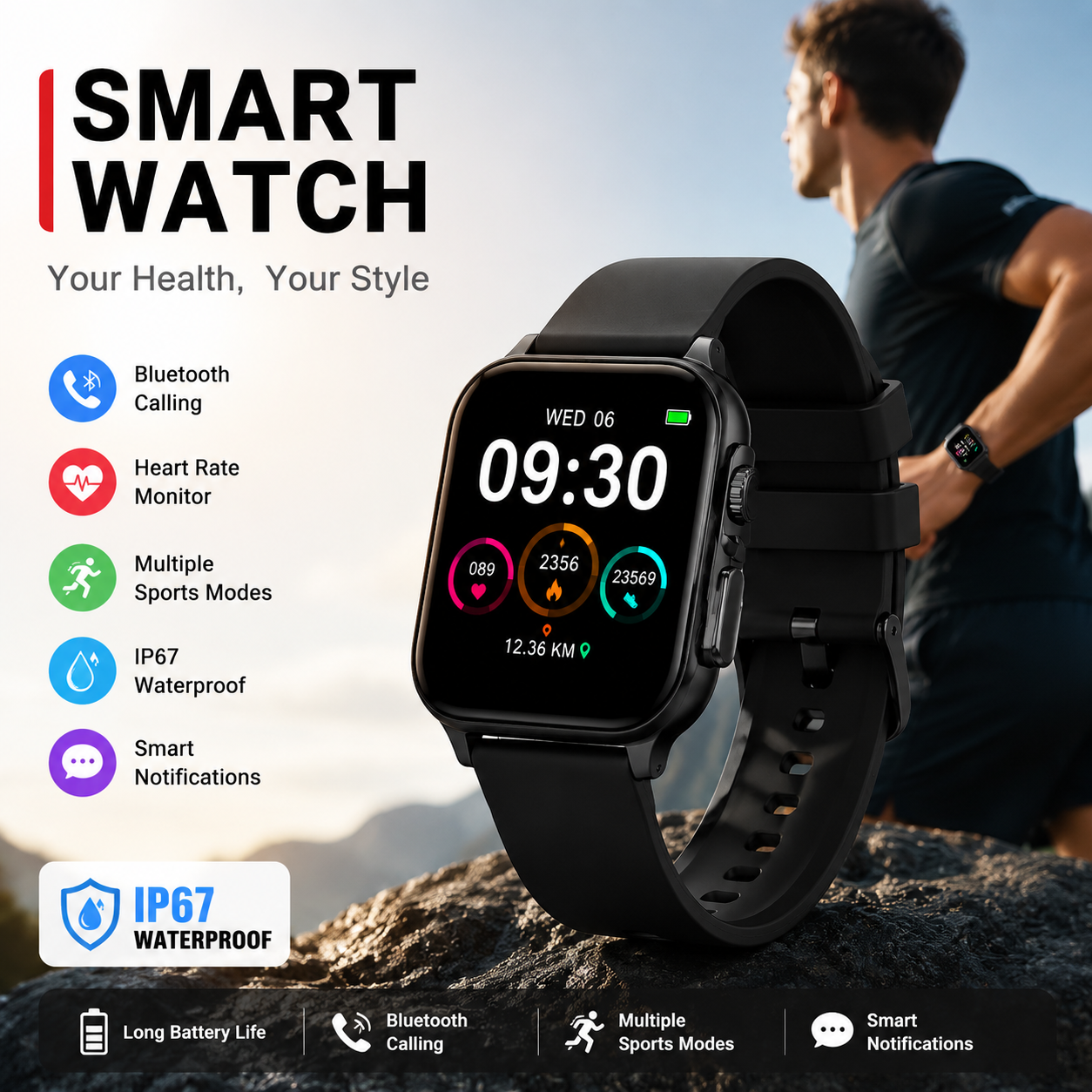 🏃Bluetooth Calling Smart Watch, 1.83 Inch HD Touch Screen IP67 Waterproof Fitness Watch, Heart Rate Sleep Monitor 100+ Sports Modes Smartwatch for Men Women iPhone Android