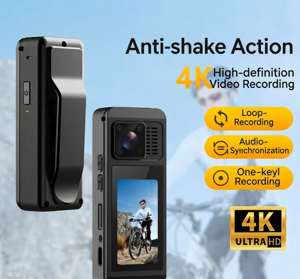 🎥 4K Clip-On Action Camera with Anti-Shake & 8-Hour Battery