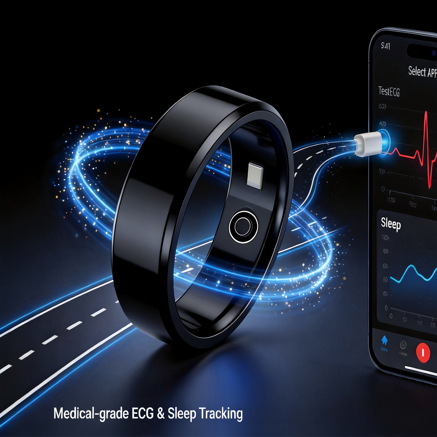 💍  Smart Health Ring with ECG Heart Rate Blood Oxygen Monitor, 24/7 Sleep Tracking Smart Ring, Real Time Health Alert Waterproof Fitness Tracker Ring for Android iOS