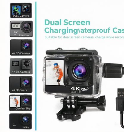 🎬 4K Dual-Screen Action Camera with WiFi & Waterproof Charging Case