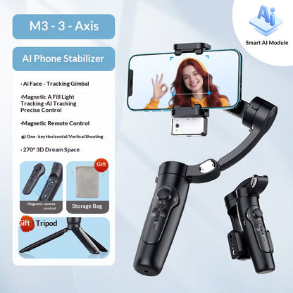 🎥3-Axis AI Smartphone Gimbal Stabilizer with Detachable Magnetic Fill Light, AI Face Tracking Gesture Control Portable Phone Video Stabilizer for Vlog Live Streaming Content Creation