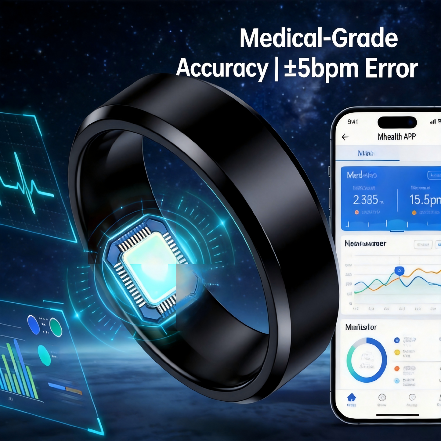 💍  Smart Health Ring with ECG Heart Rate Blood Oxygen Monitor, 24/7 Sleep Tracking Smart Ring, Real Time Health Alert Waterproof Fitness Tracker Ring for Android iOS
